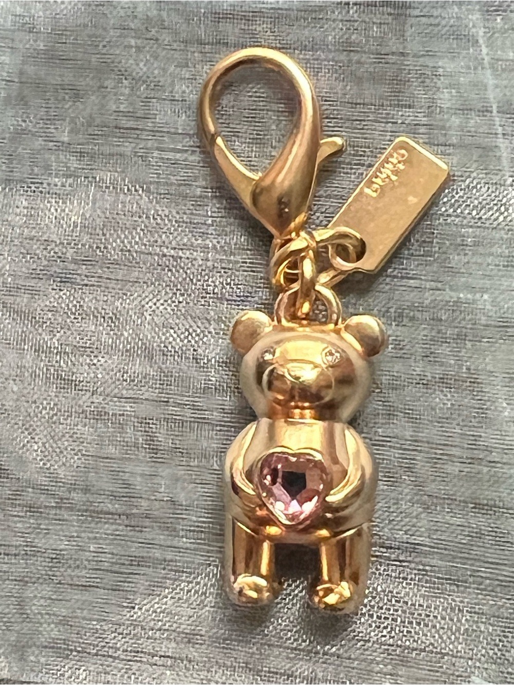 Coach Teddy Bear Charm gold tone with Pink Heart and crystal eyes